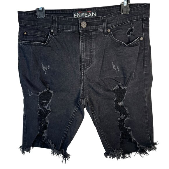 Enjean Black Denim Distressed Bermuda Shorts Stretch Goth Punk Grunge Size L - Picture 1 of 9